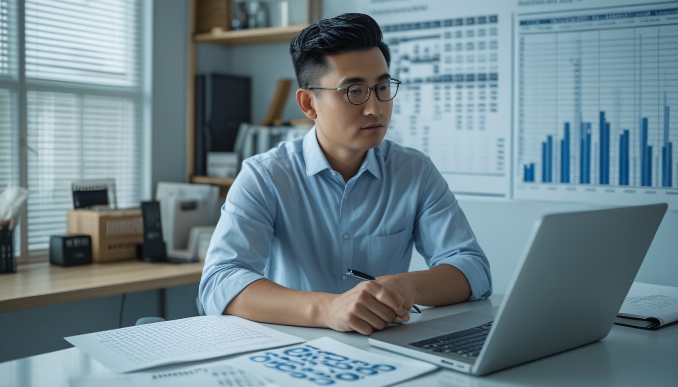 Seseorang menganalisis angka dan grafik probabilitas di meja kerja dengan laptop, kalkulator, dan dokumen.