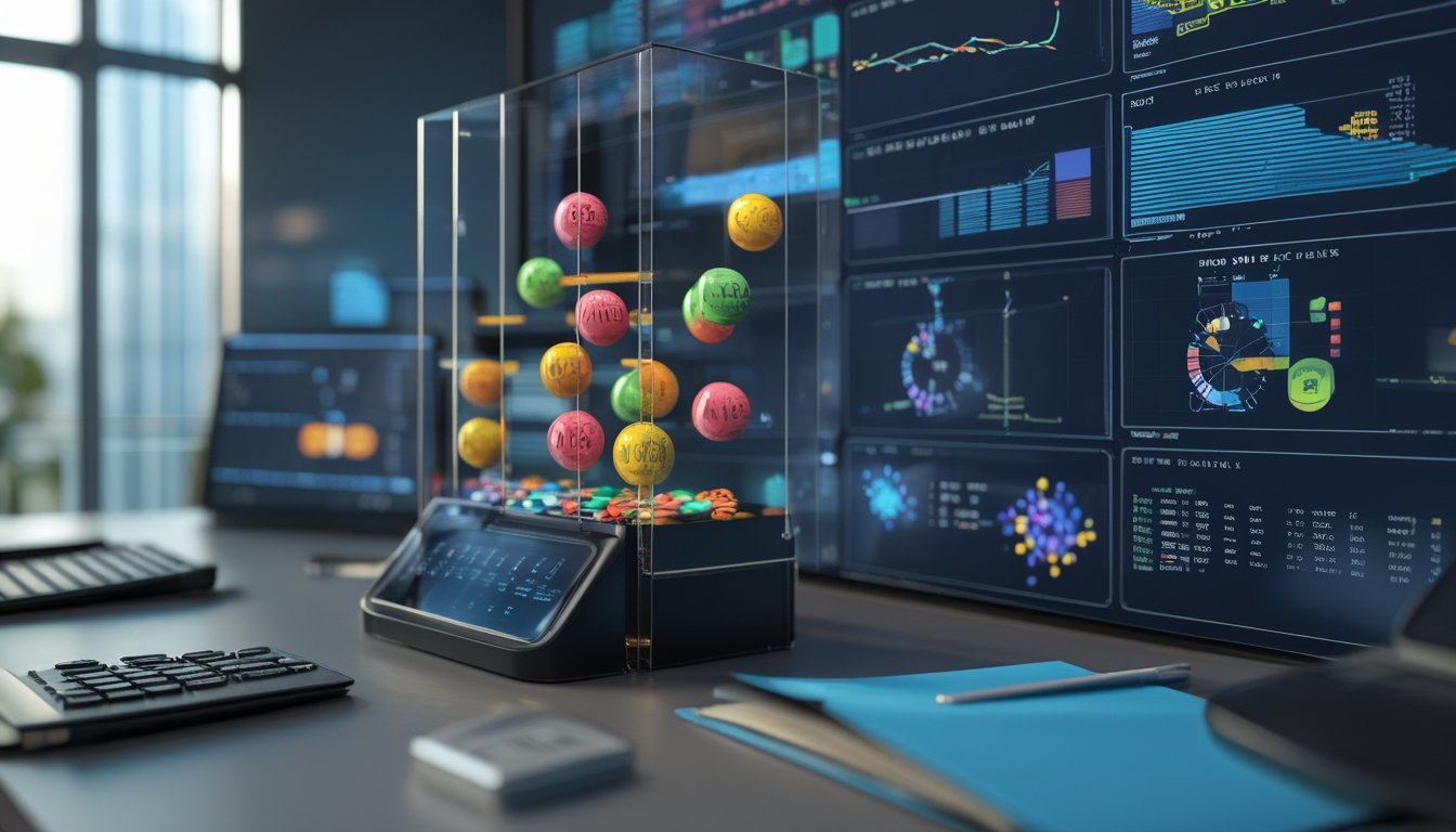 Seorang analis mengamati mesin undian berisi bola bernomor di ruang kerja modern.