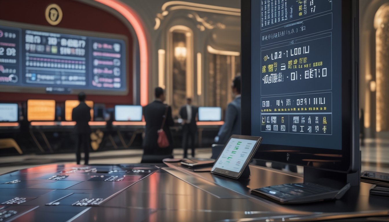 Orang dewasa melihat tampilan angka lotre digital di ruang modern bernuansa Macau.