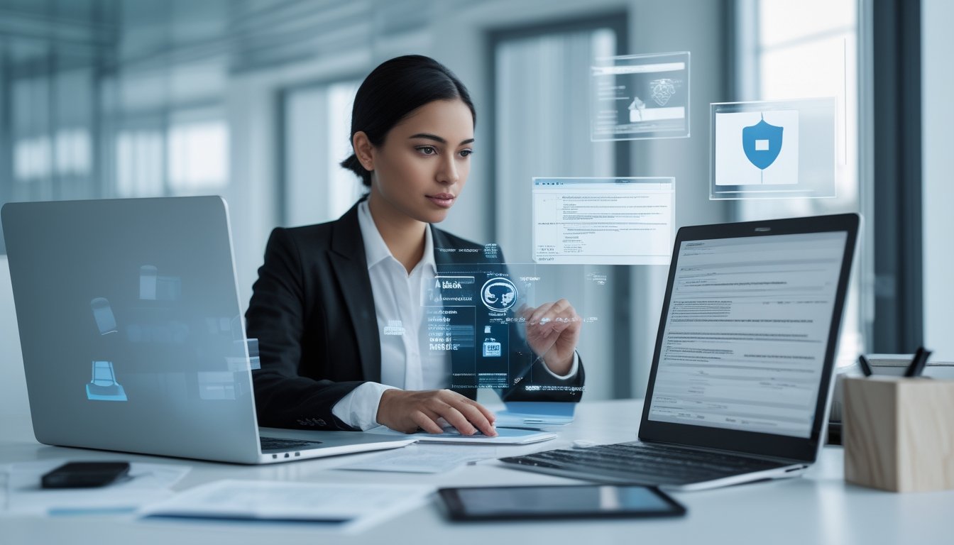 Seorang analis memeriksa informasi operator digital menggunakan laptop, tablet, dan dokumen verifikasi di kantor modern.