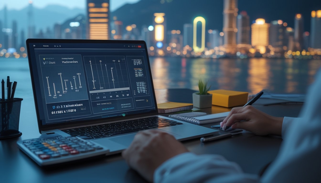 Meja kerja modern dengan laptop berisi grafik abstrak, kalender, catatan buku, dan suasana kota yang terang di latar belakang.