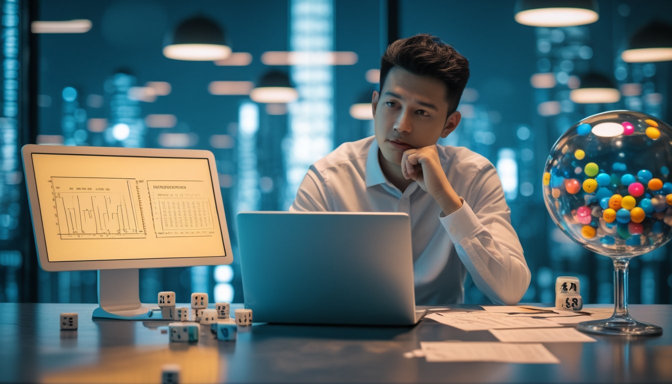 Seorang analis memeriksa grafik statistik dan elemen angka acak di meja kerja.