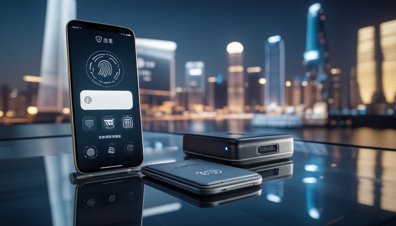 Perangkat digital menampilkan antarmuka dompet elektronik abstrak dengan simbol keamanan di atas meja modern.