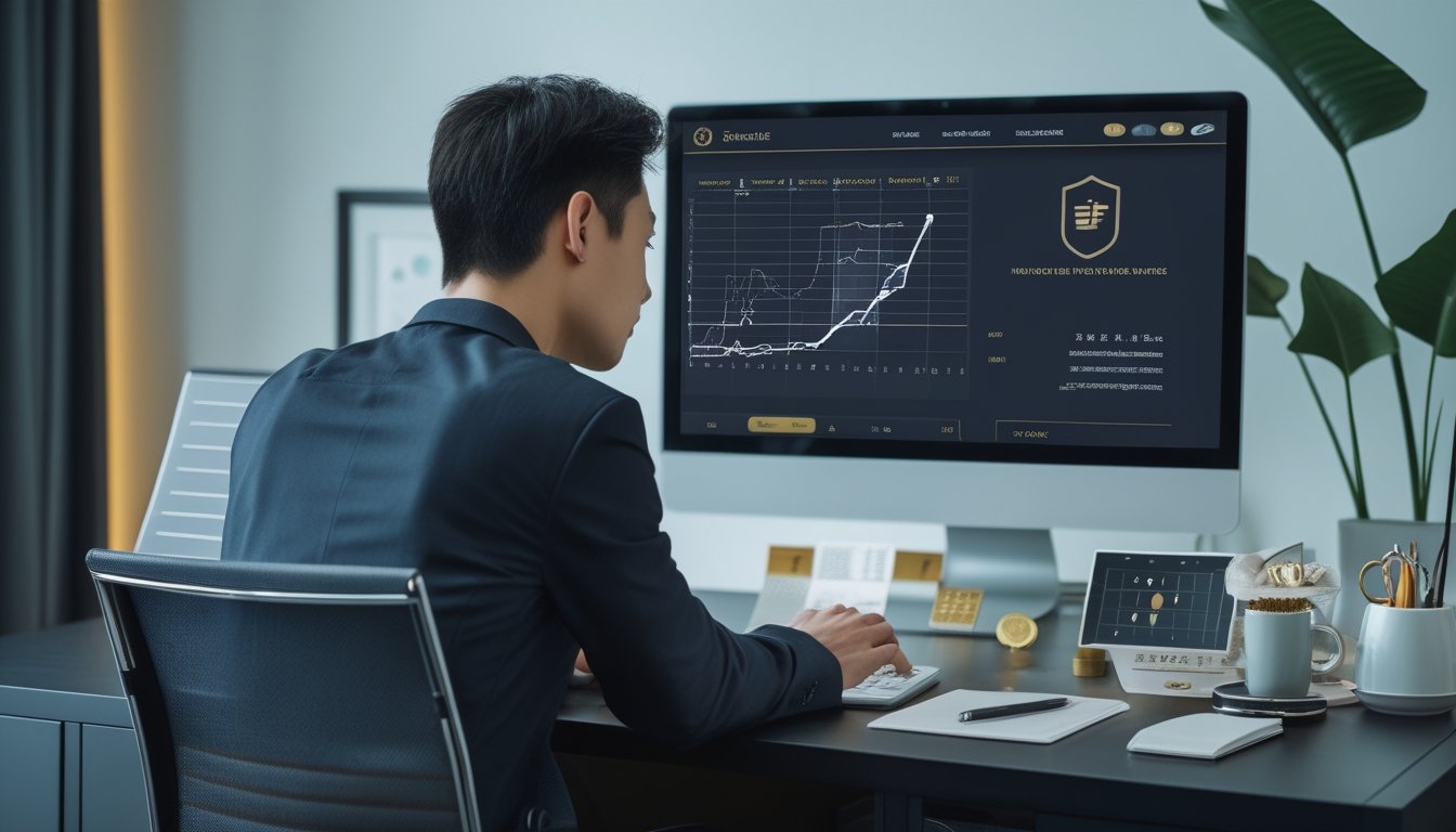 Seorang analis mempelajari grafik angka dan probabilitas di ruang kerja modern.