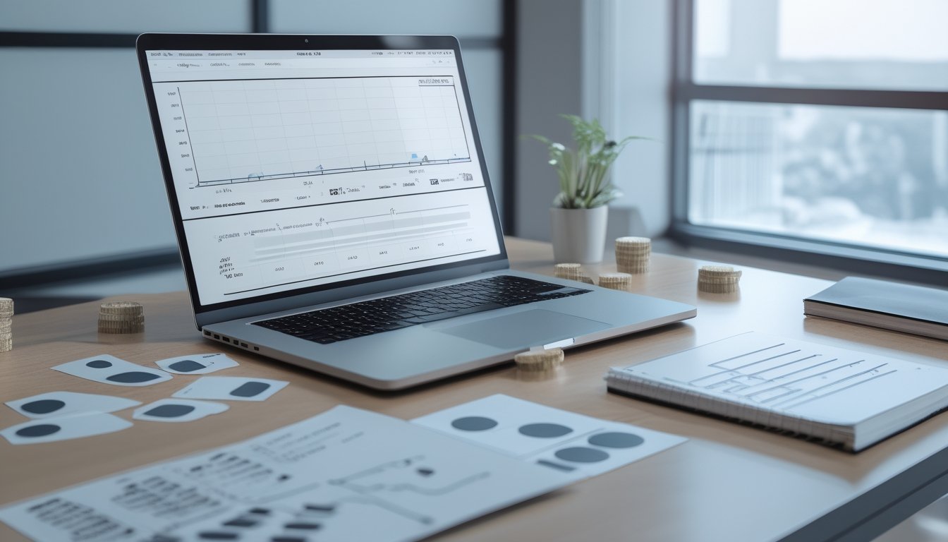 Meja kerja modern dengan laptop berisi grafik abstrak, komputer, token, dan kartu bernomor yang menggambarkan peluang serta hasil acak.