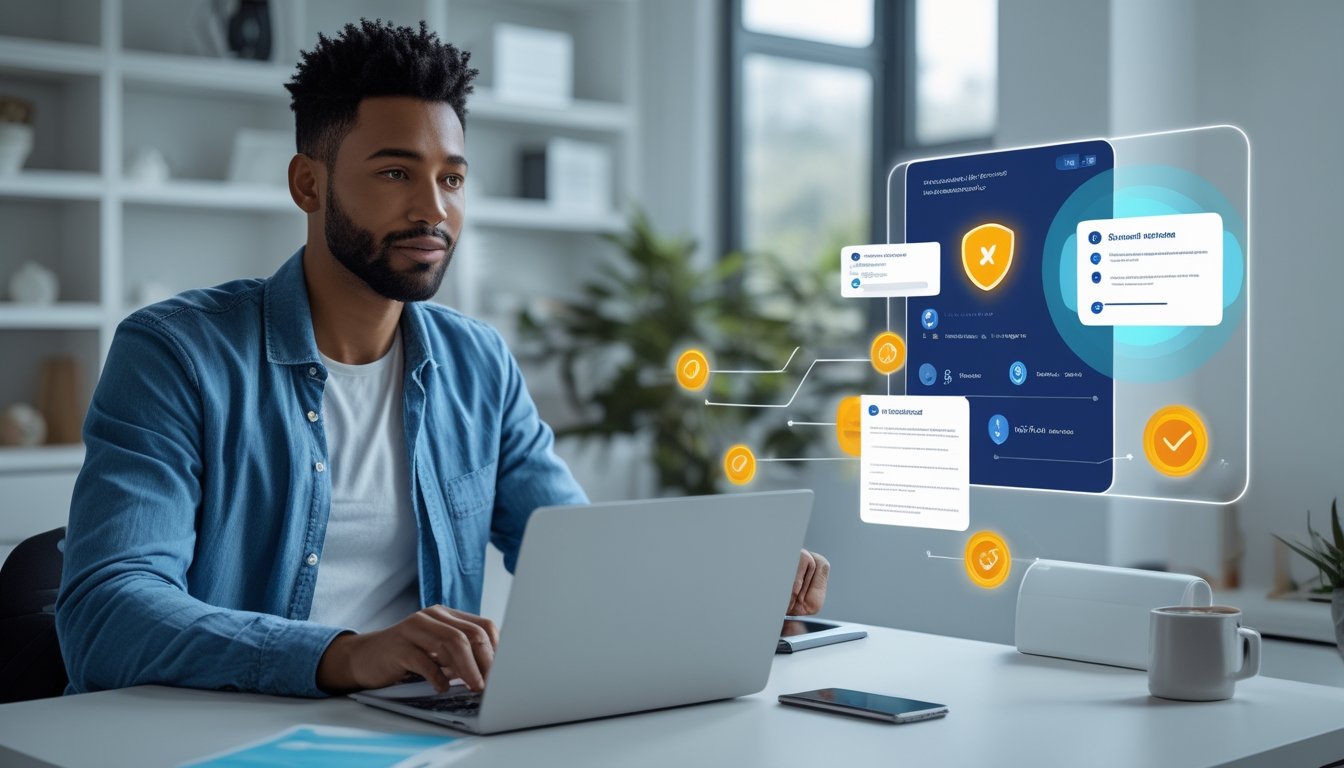 Orang dewasa menggunakan laptop untuk mendaftar akun pada platform digital yang aman.