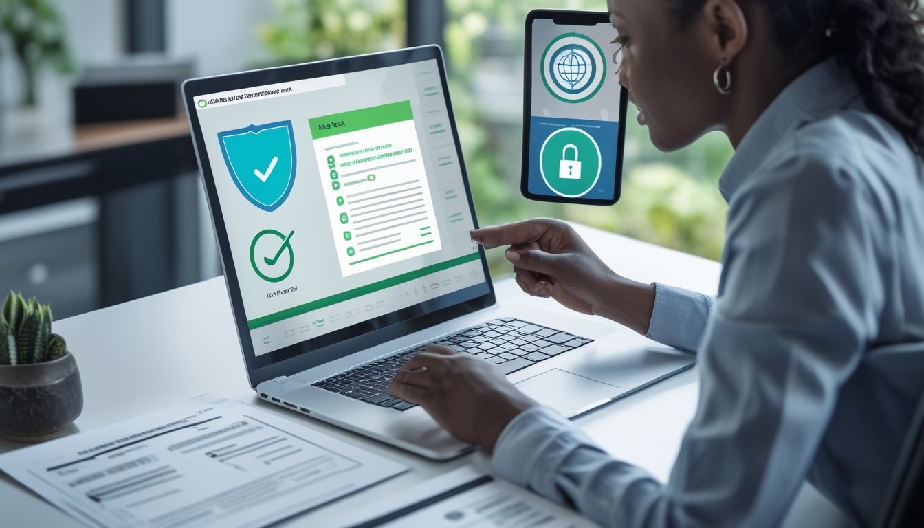 Seorang pemeriksa dokumen legalitas dan keamanan platform profesional berani di laptop.