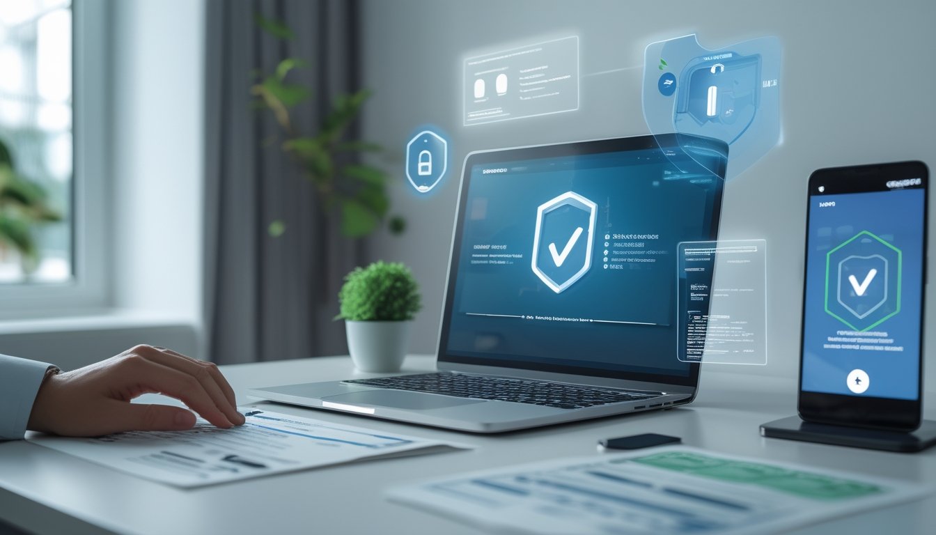Orang dewasa memeriksa proses pendaftaran akun berani di laptop dengan simbol keamanan dan verifikasi di meja kerja.