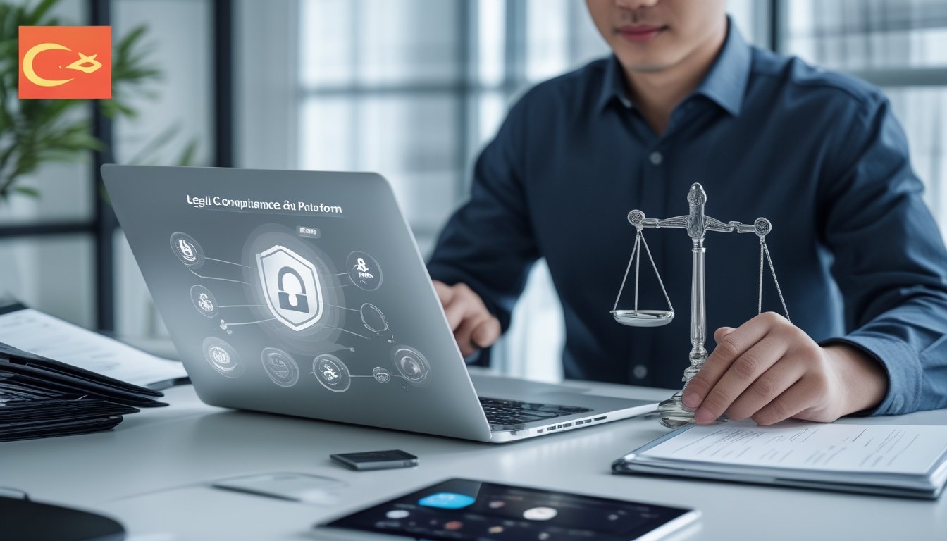 Seorang pengguna Indonesia meninjau platform dare yang aman di laptop dengan simbol perlindungan hukum dan keamanan data.