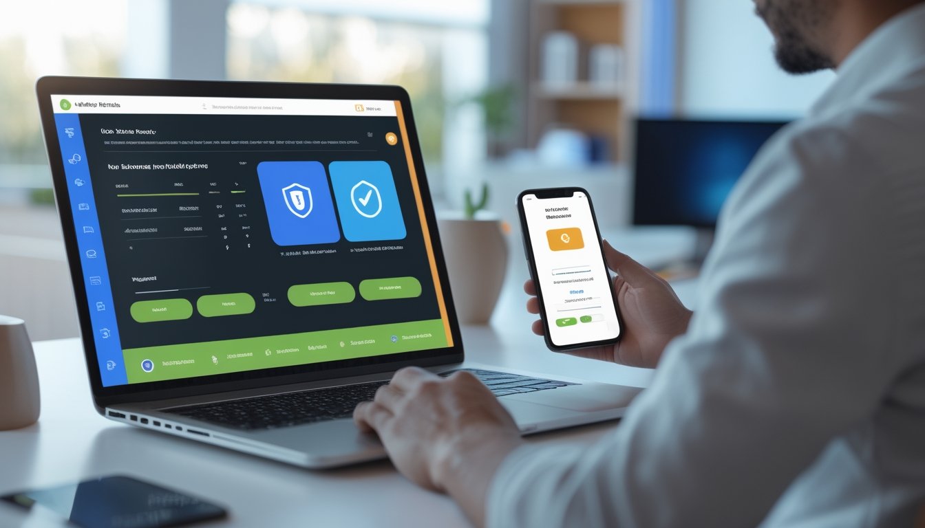 Orang dewasa memeriksa platform taruhan online pada laptop dan ponsel di ruang kerja modern dengan simbol keamanan digital.