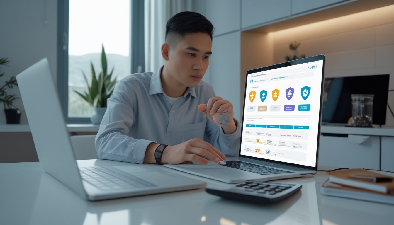 Seorang pemula bantuan membandingkan situs taruhan online di laptop dengan simbol keamanan dan daftar periksa.