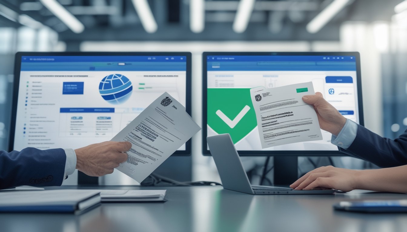 Tim menghadiri pemeriksaan dokumen lisensi dan berlari verifikasi di kantor modern.