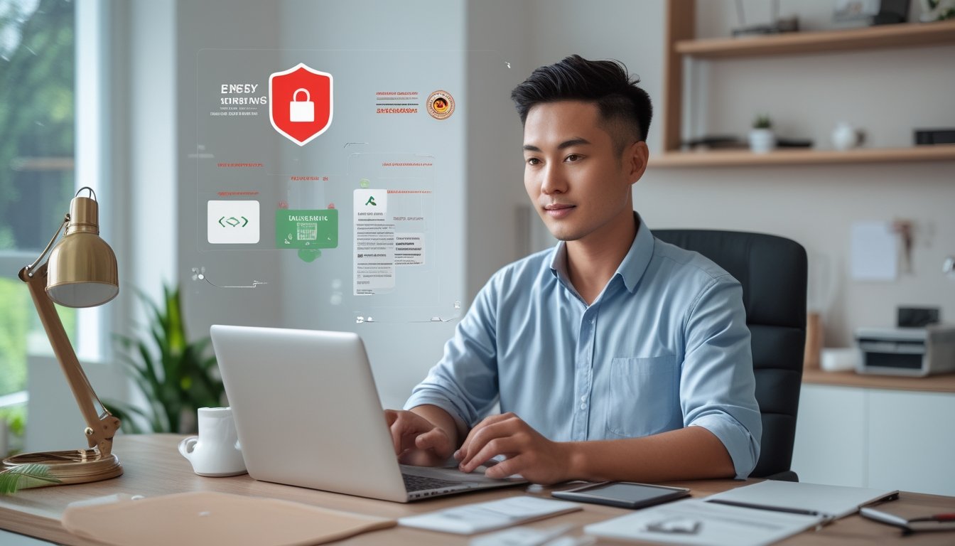 Orang dewasa Indonesia meninjau platform digital yang aman di laptop dan ponsel dalam ruang kerja modern.