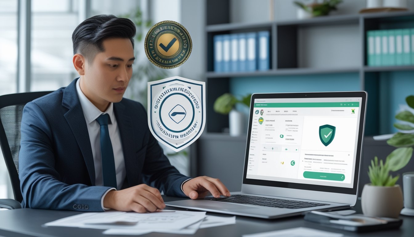 Profesional Indonesia memeriksa platform berani dengan simbol verifikasi dan dokumen legal di kantor modern.