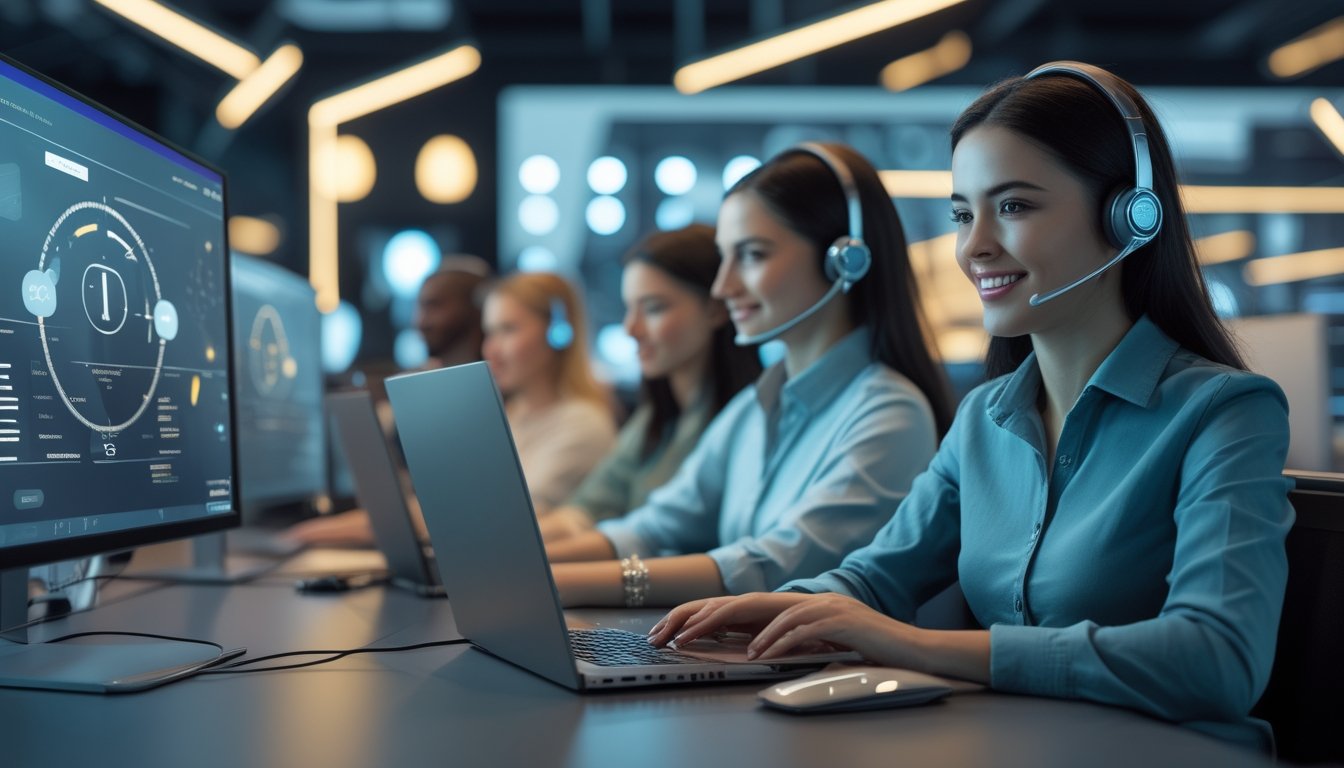 Tim layanan pelanggan bekerja di kantor modern dan membantu pengguna melalui laptop serta headset.