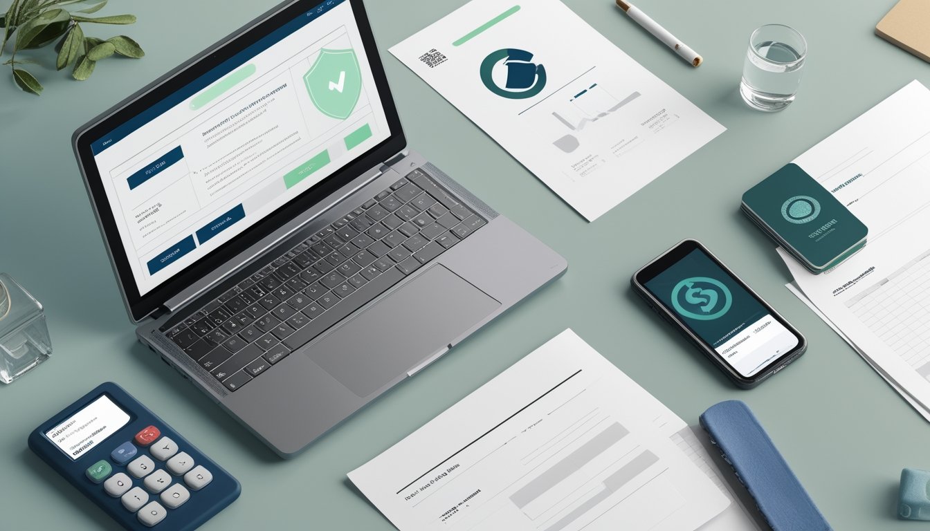Meja kerja modern dengan laptop, ponsel, dokumen kosong, dan simbol abstrak yang menggambarkan verifikasi legalitas serta keamanan pembayaran.