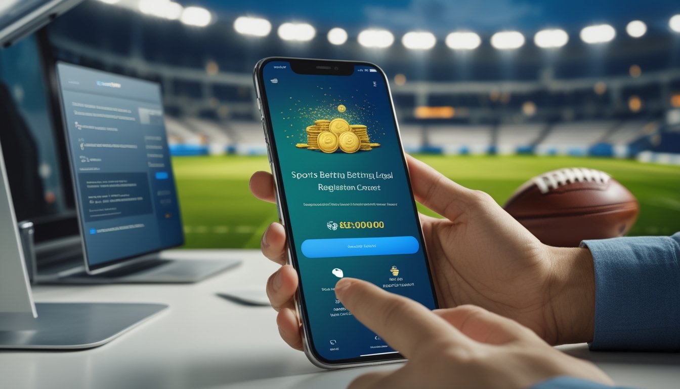 Ponsel menampilkan antarmuka olahraga abstrak di atas meja, dengan stadion sepak bola dan bola di latar belakang.