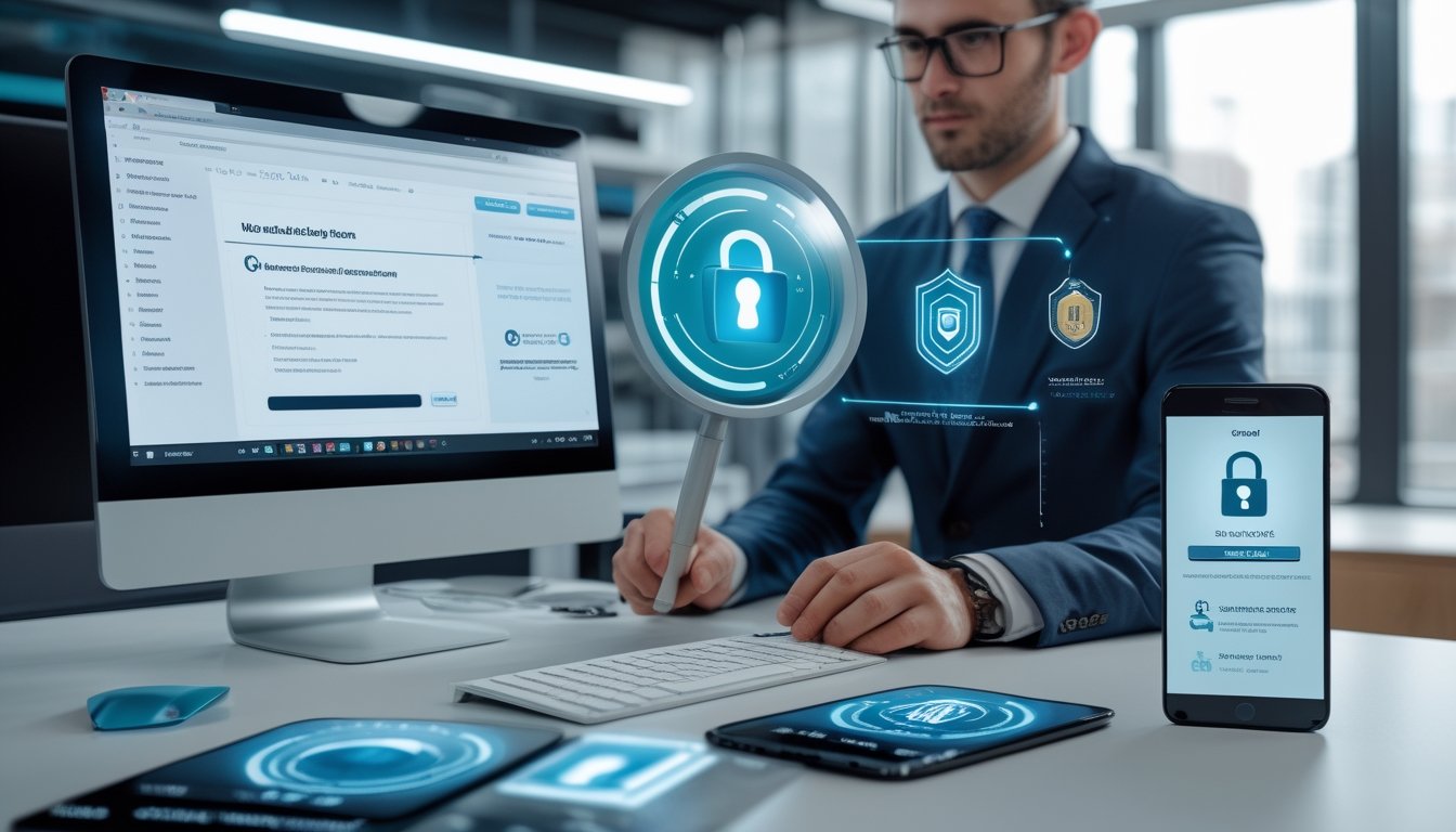 Analis keamanan pemeriksaan legalitas dan keamanan platform online di ruang kerja modern.