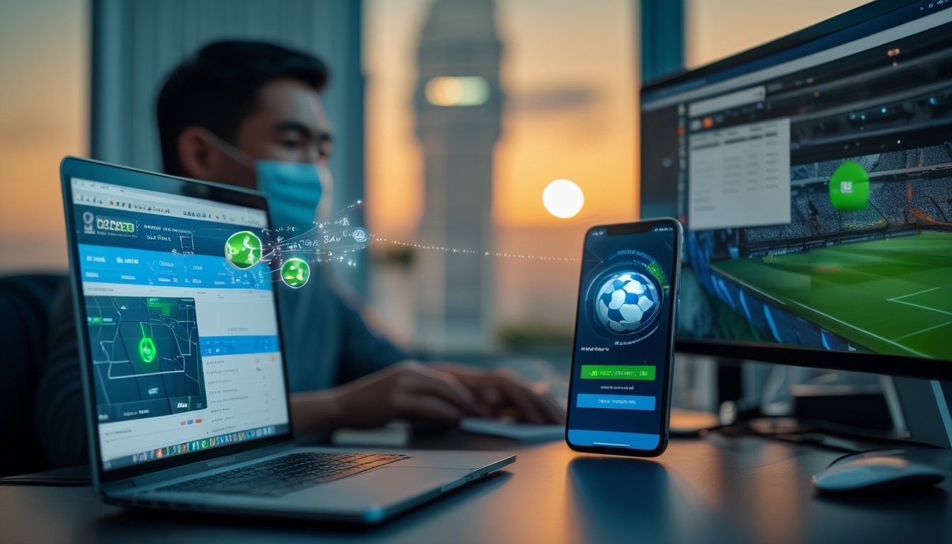 Penggemar sepak bola Indonesia melihat informasi pertandingan pada laptop dan ponsel di ruang kerja modern.