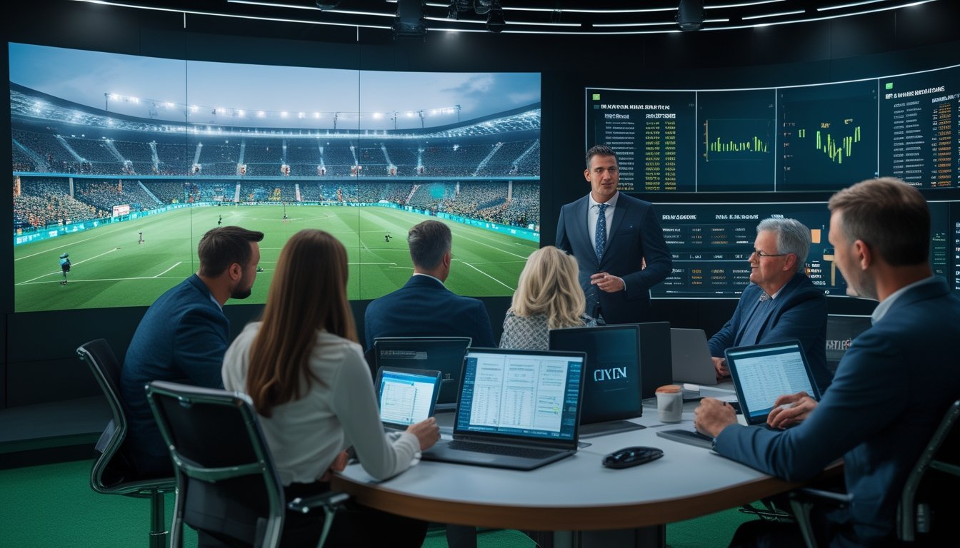 Sekelompok orang dewasa menyaksikan siaran langsung pertandingan sepak bola di studio olahraga modern.