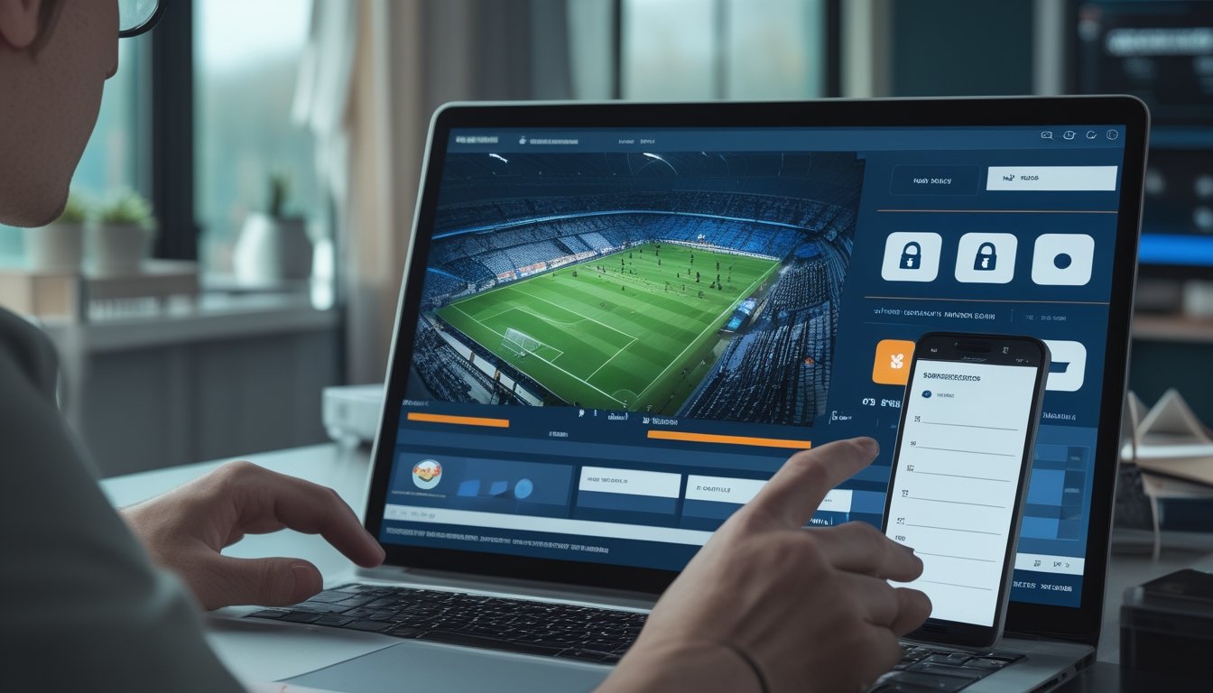 Seorang analis memeriksa platform olahraga digital dengan simbol keamanan, verifikasi, dan pertandingan sepak bola di layar.