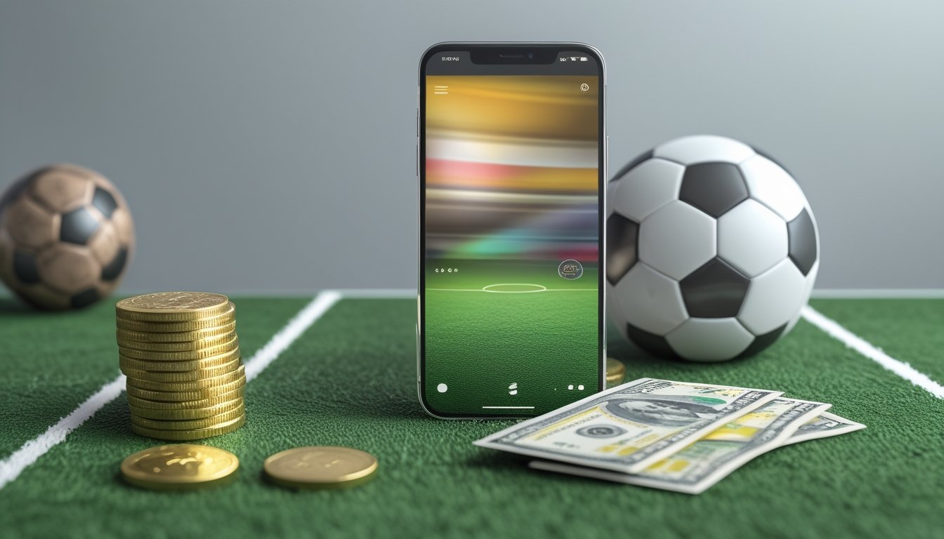 Ponsel, uang rupiah, koin, dan bola sepak di atas meja.