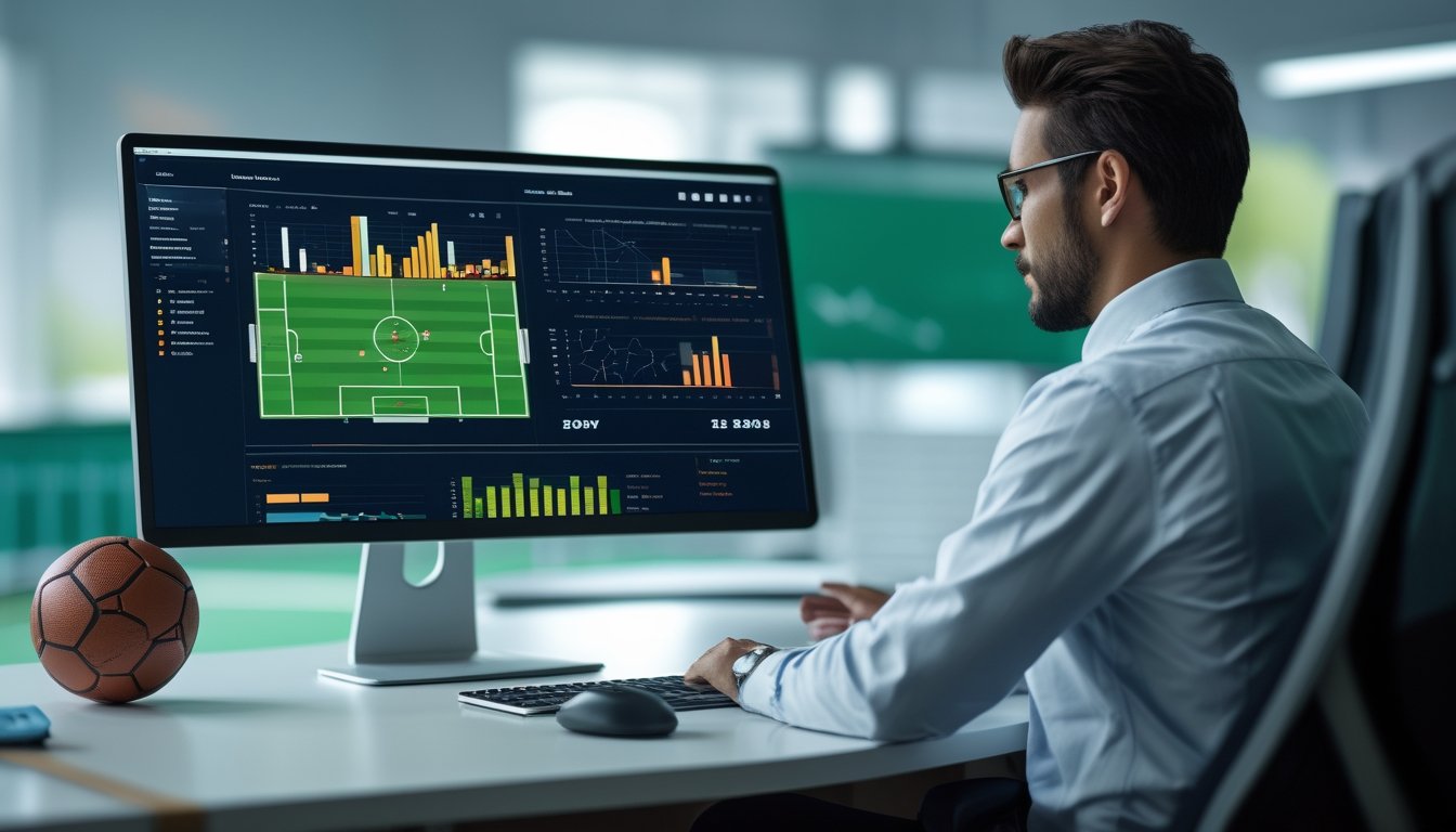 Seorang analis mempelajari statistik pertandingan sepak bola di depan komputer dengan suasana kantor olahraga modern.