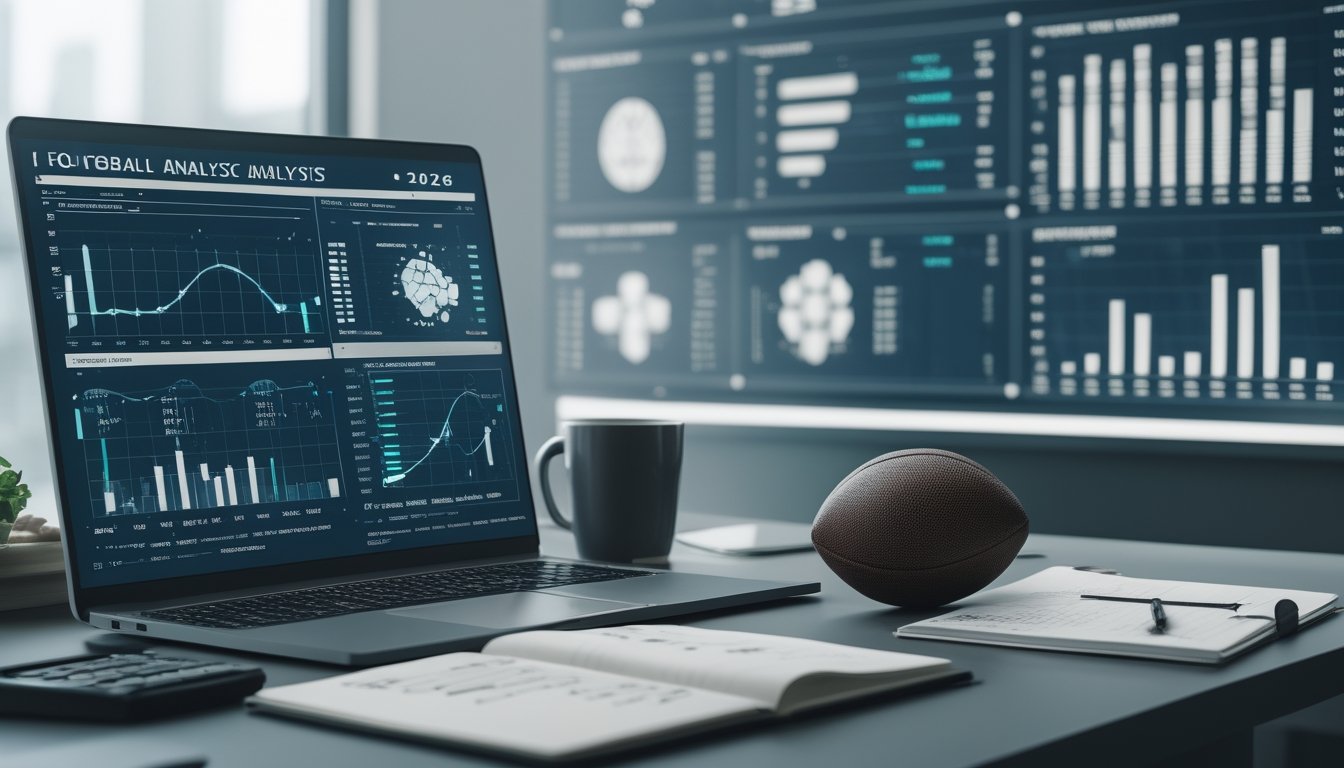 Seorang analis mempelajari data pertandingan sepak bola di meja kerja dengan laptop, kalkulator, buku catatan, dan bola.