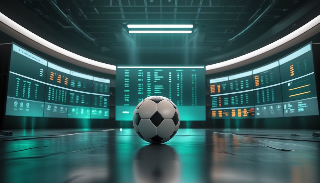 Bola sepak di ruang analisis modern dengan layar yang menampilkan data abstrak.