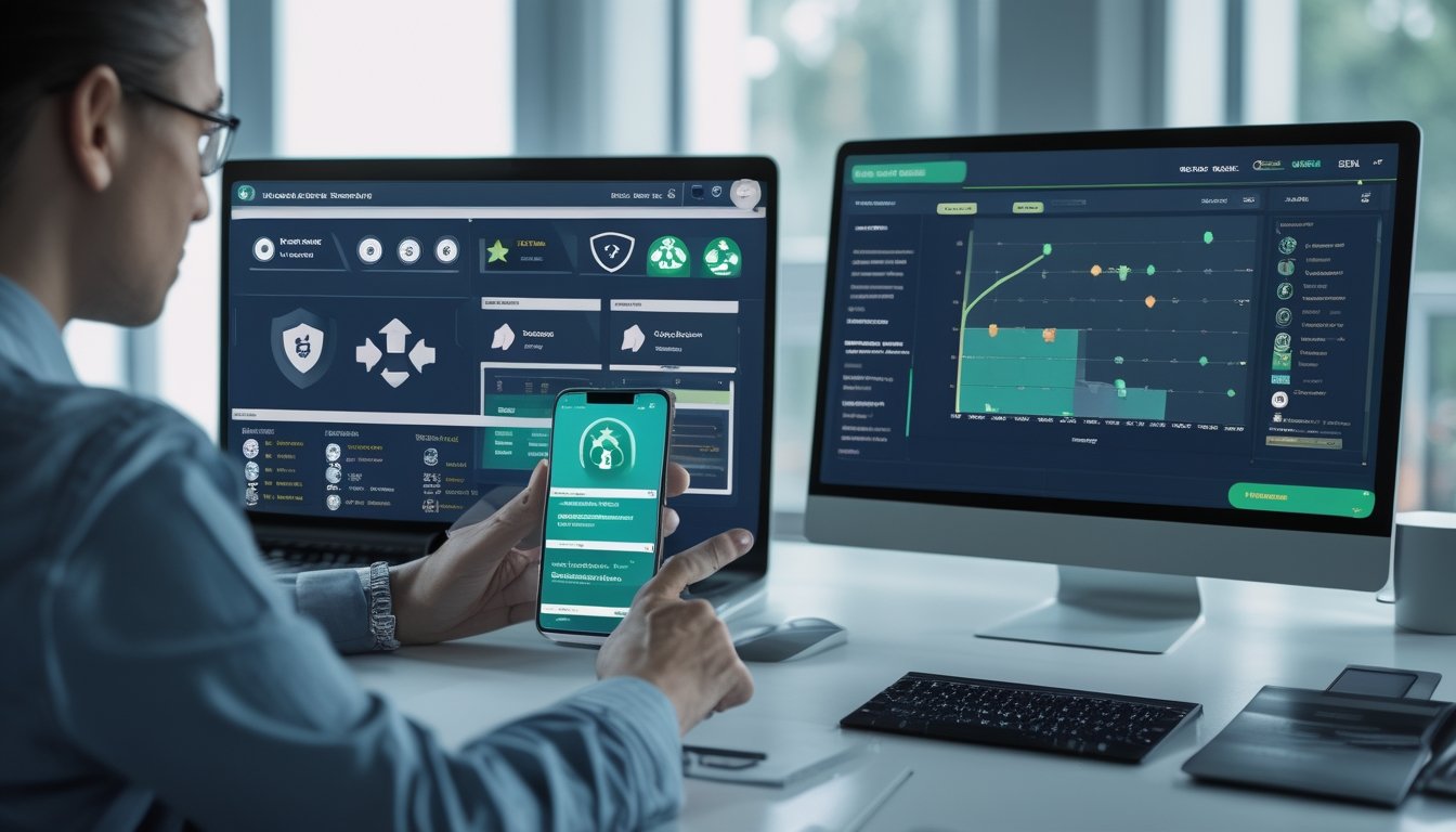 Analis hadir memeriksa keamanan platform olahraga digital menggunakan laptop, ponsel, dan daftar verifikasi di meja kerja.