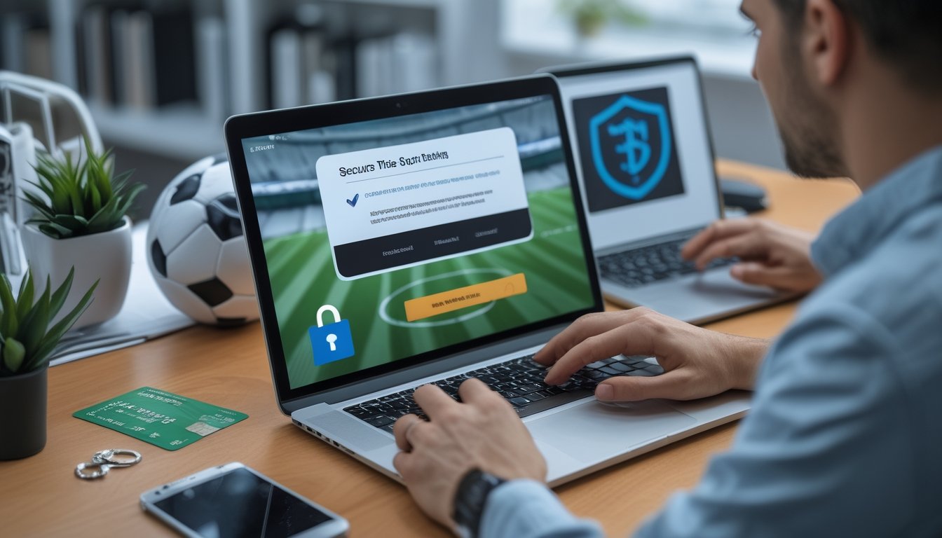 Seseorang menggunakan laptop untuk melakukan transaksi taruhan sepak bola online dengan tanda keamanan digital dan kartu pembayaran.