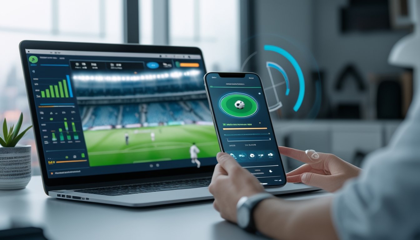 Perangkat laptop dan ponsel menampilkan antarmuka taruhan sepak bola digital dengan latar pertandingan di stadion.