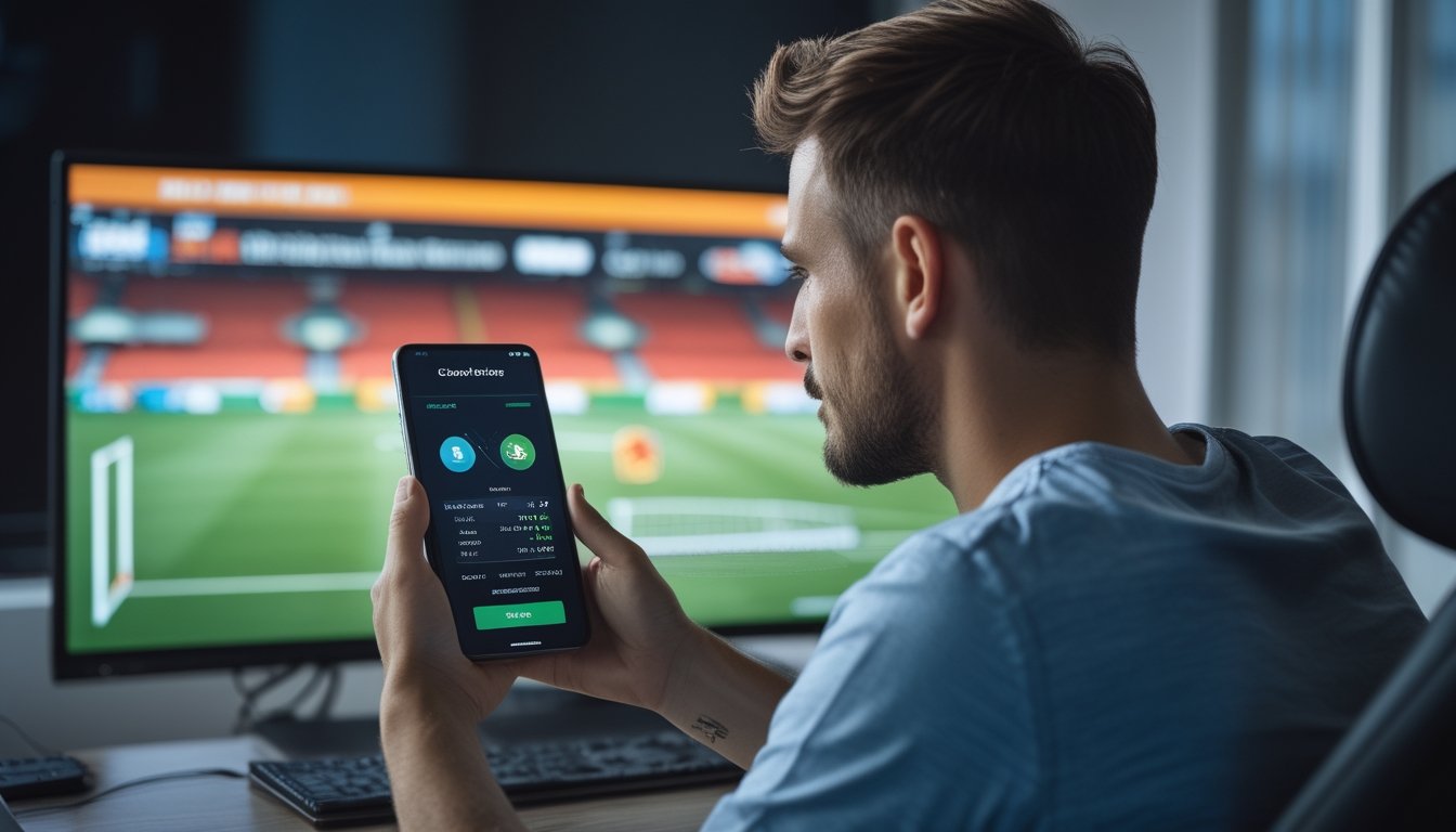 Penggemar sepak bola menggunakan ponsel sambil menonton pertandingan dan mempertimbangkan pencairan taruhan.