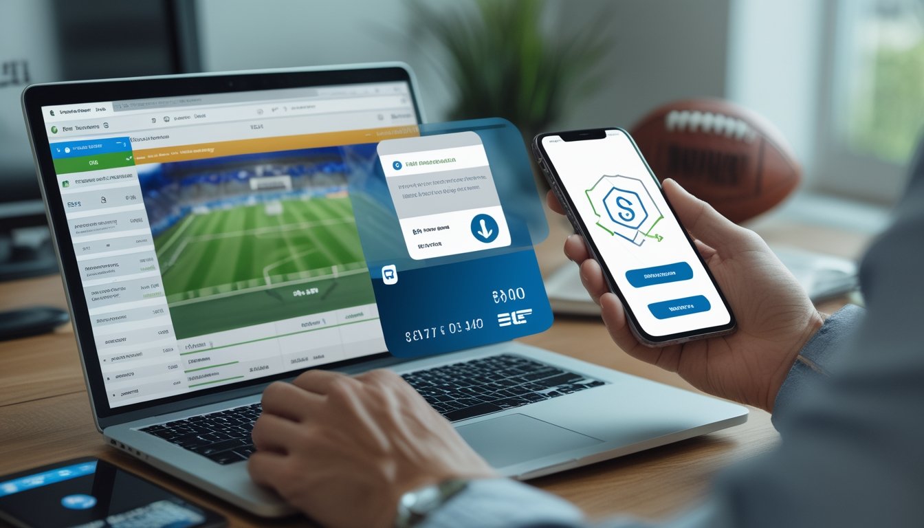 Seseorang memeriksa pembayaran taruhan olahraga online dengan simbol perisai dan tanda verifikasi di meja kerja.