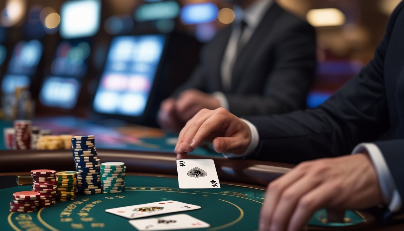 Pemain memusatkan perhatian pada kartu dan menyimpan taruhan di meja permainan casino war.