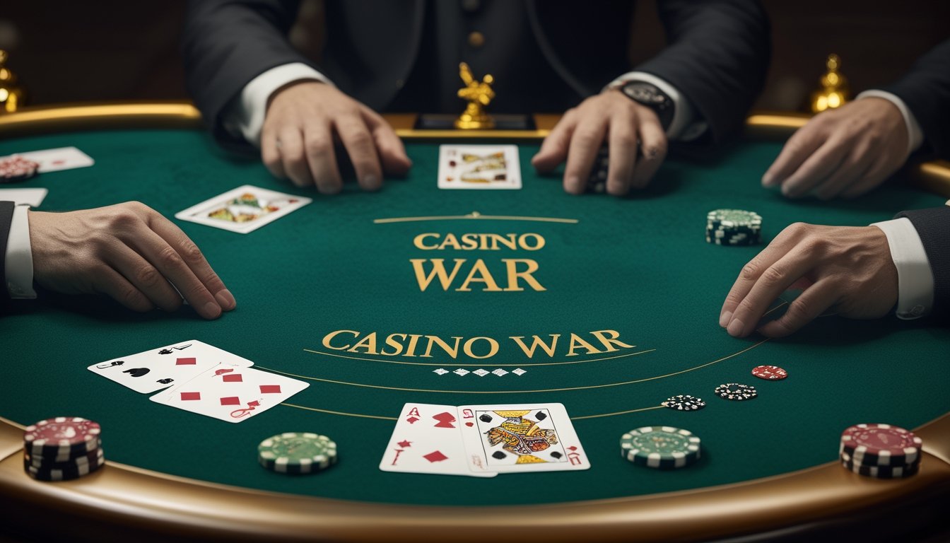 Meja permainan kartu dengan kartu, chip poker, dan perangkat digital dalam suasana kasino yang elegan.
