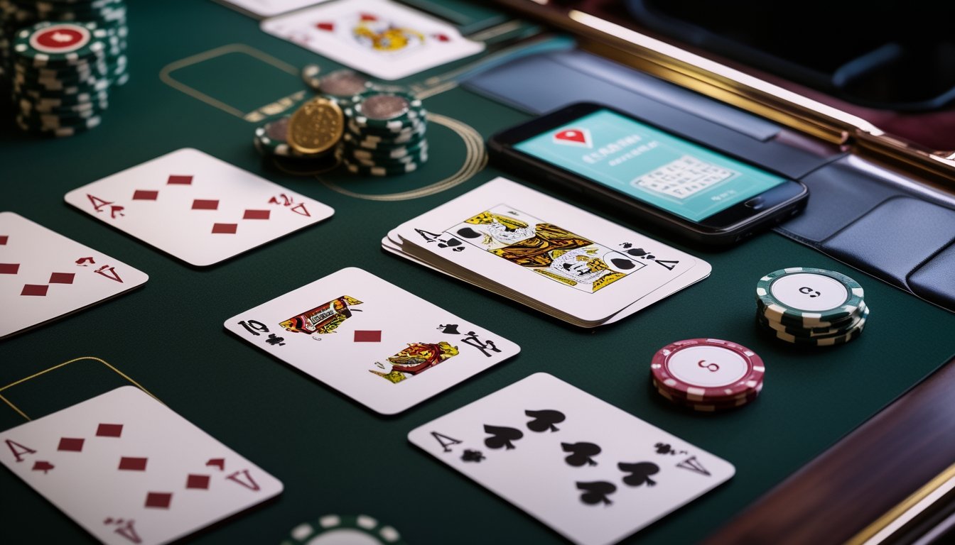 Meja permainan kartu dengan kartu, chip kasino, dan perangkat digital yang menampilkan permainan kartu.