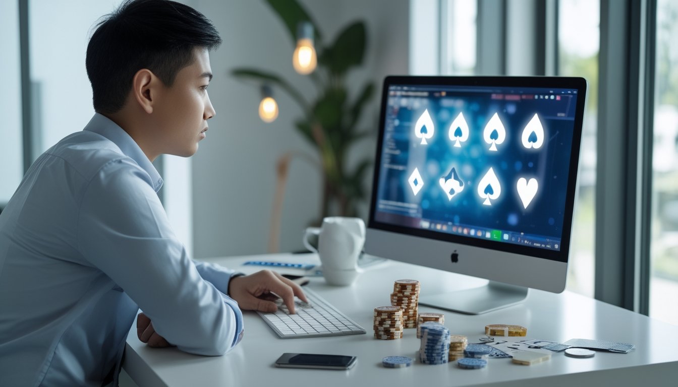 Orang dewasa menggunakan laptop untuk membandingkan situs poker online di meja kerja dengan kartu dan keping poker.
