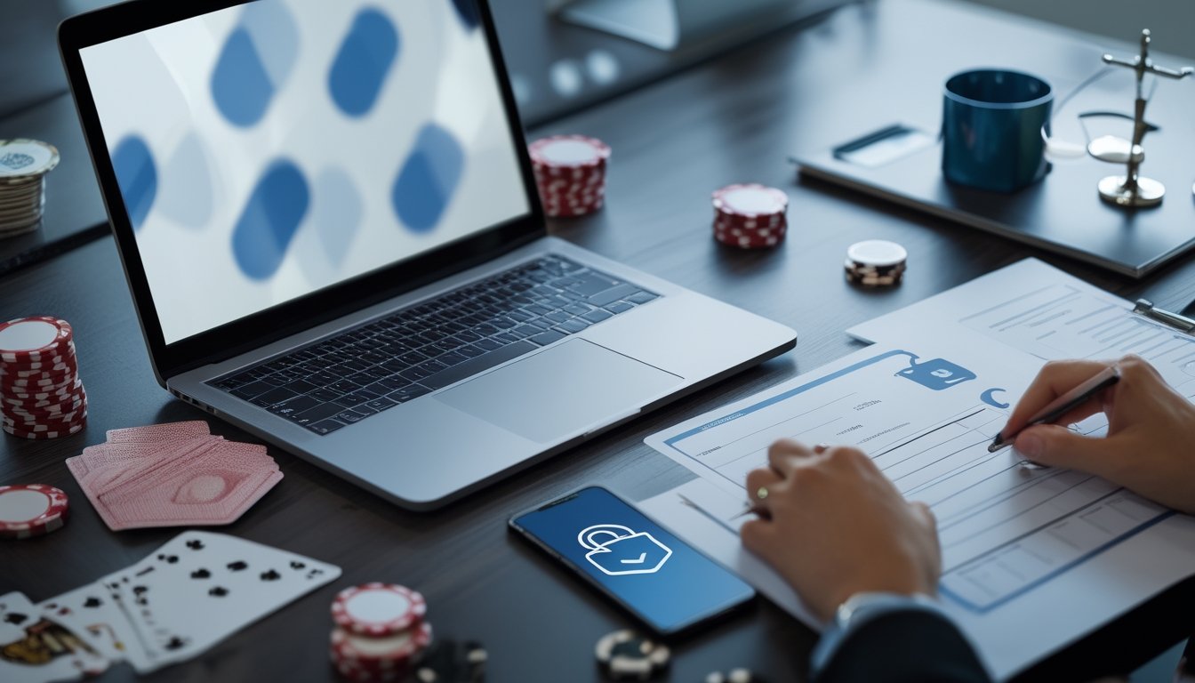 Meja kerja modern dengan laptop, kartu poker, keping poker, simbol gembok, dan daftar verifikasi keamanan.
