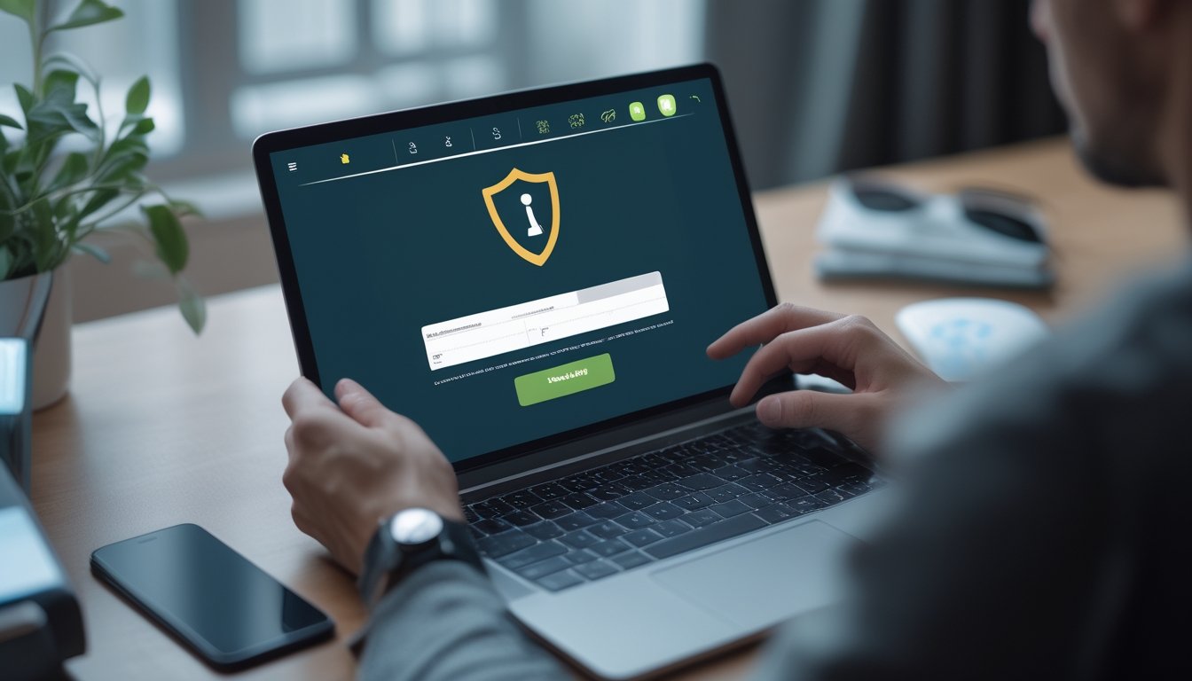 Orang dewasa mengisi formulir pendaftaran berani di laptop dengan simbol keamanan di meja kerja modern.