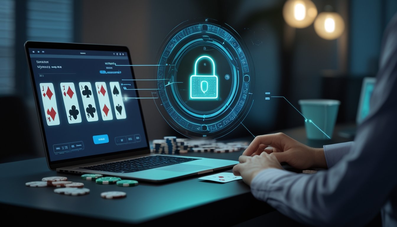 Laptop dengan meja poker digital, kartu dan penyimpanan poker, serta simbol perlindungan keamanan di ruang kerja modern.