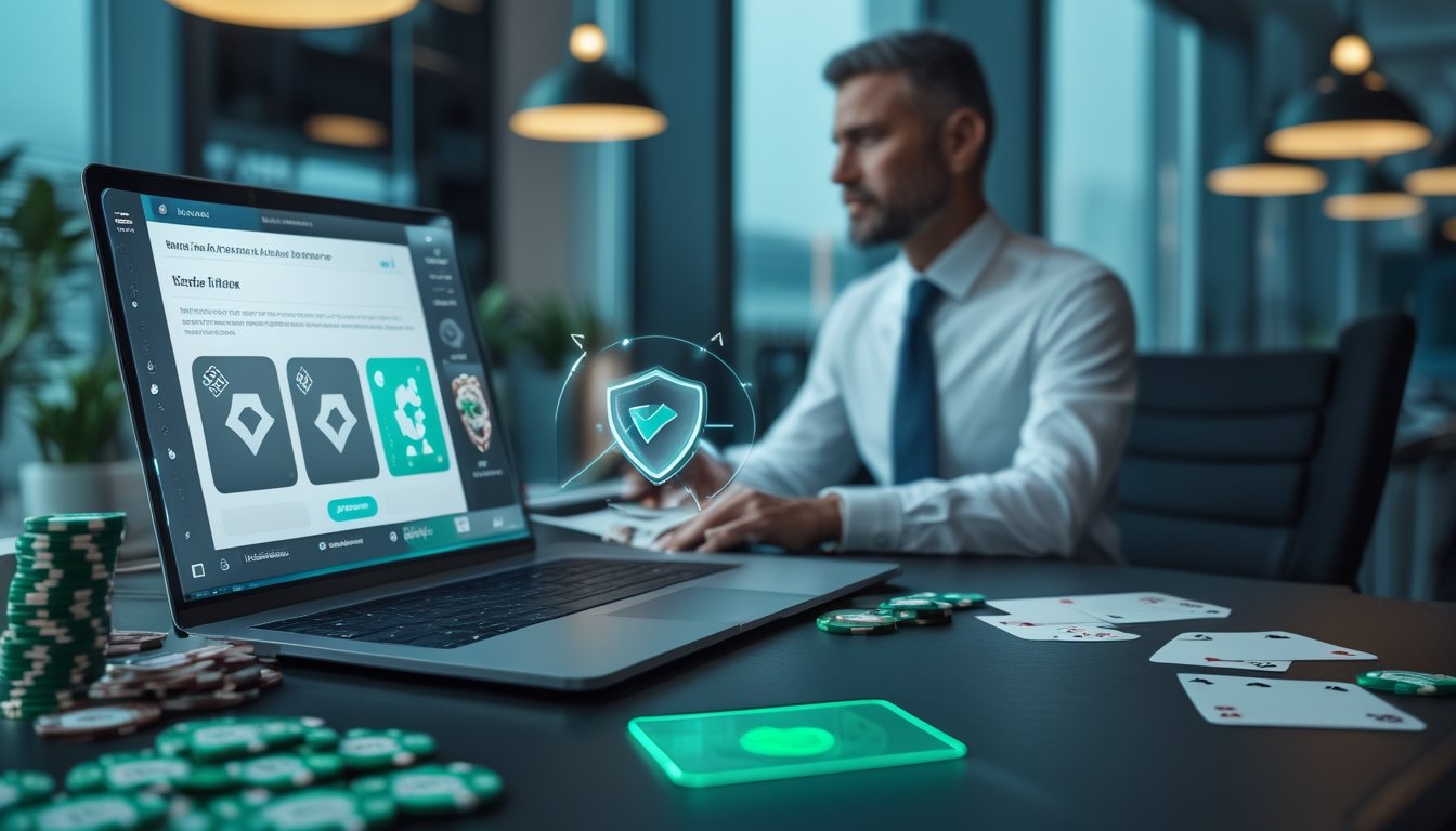 Seorang profesional memeriksa laptop dengan kartu poker, menjaga poker, dan simbol perisai keamanan di meja kerja modern.