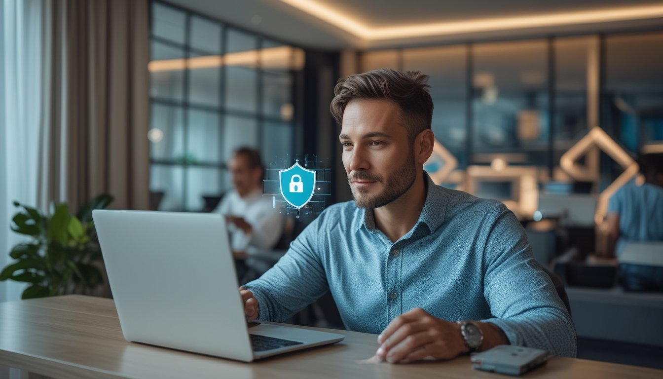 Orang dewasa menggunakan laptop untuk mengakses platform permainan online yang aman di ruang kerja modern.