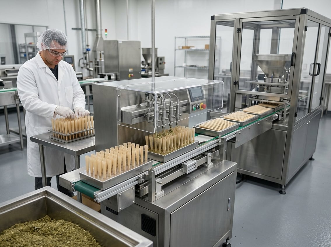 A worker operates stainless-steel pre-roll filling equipment in a clean manufacturing facility with manual and automated workstations.