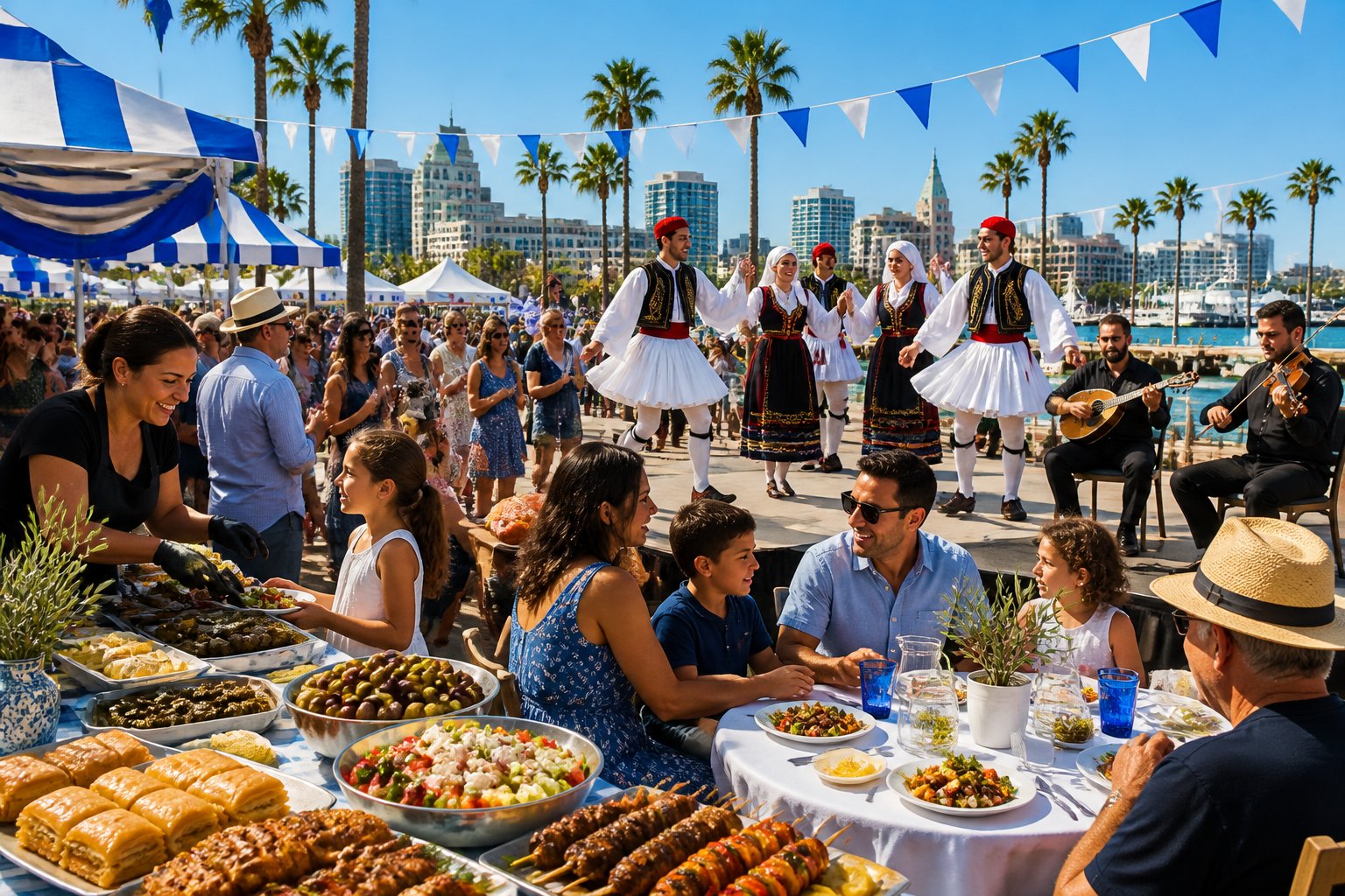 Families and friends celebrate at a lively Greek festival with dancers, musicians, food stalls, blue-and-white decorations, and palm trees in the background.