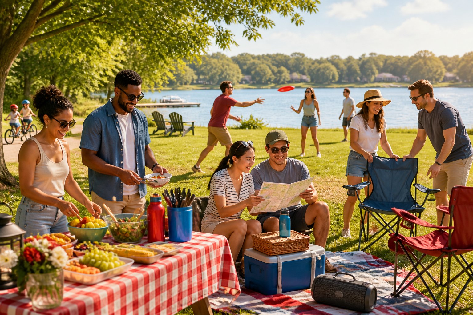 Friends and family enjoy a late-summer picnic and outdoor activities at a lakeside park.