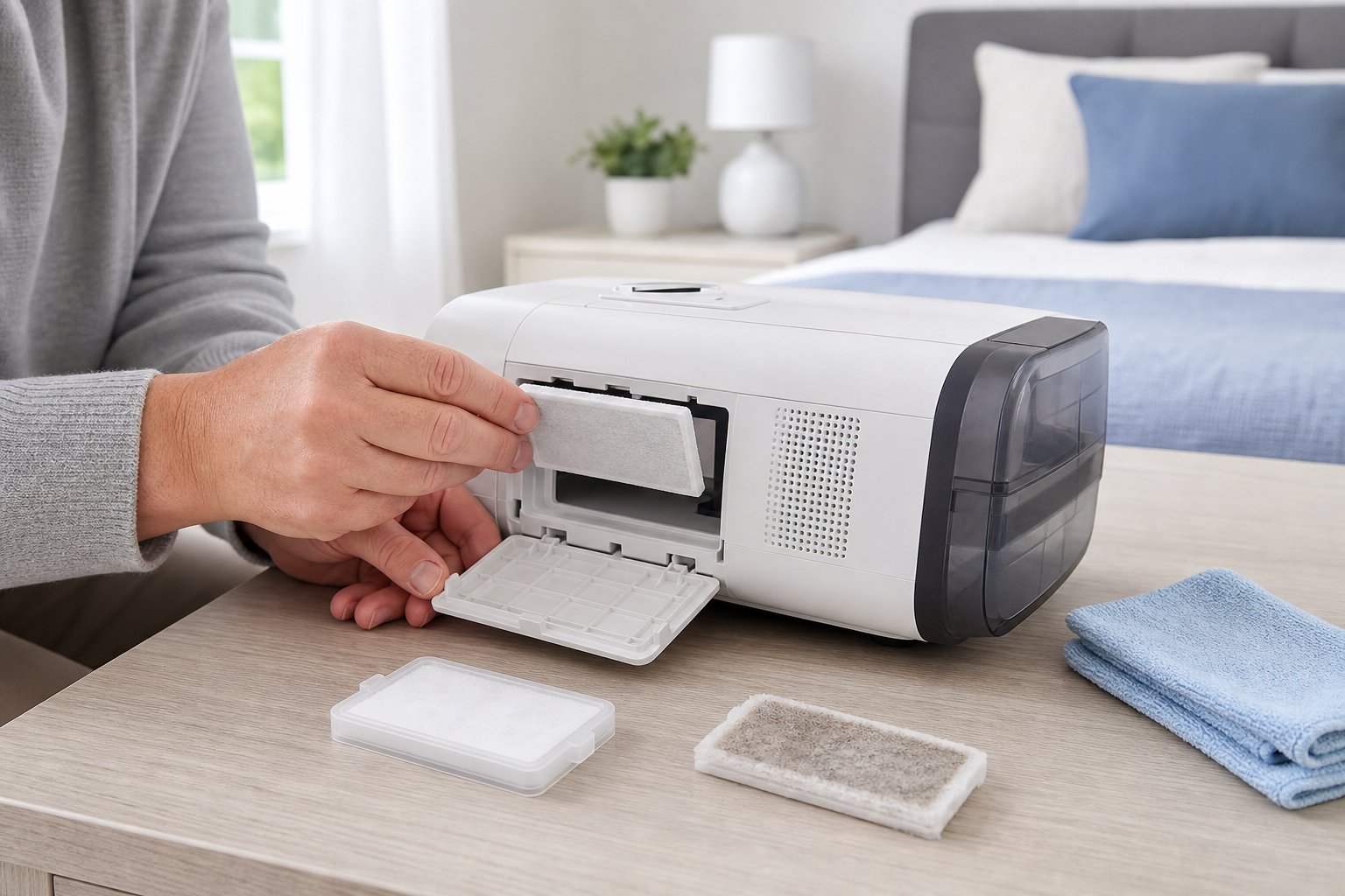 A person replaces the air filter in a CPAP machine on a clean tabletop.