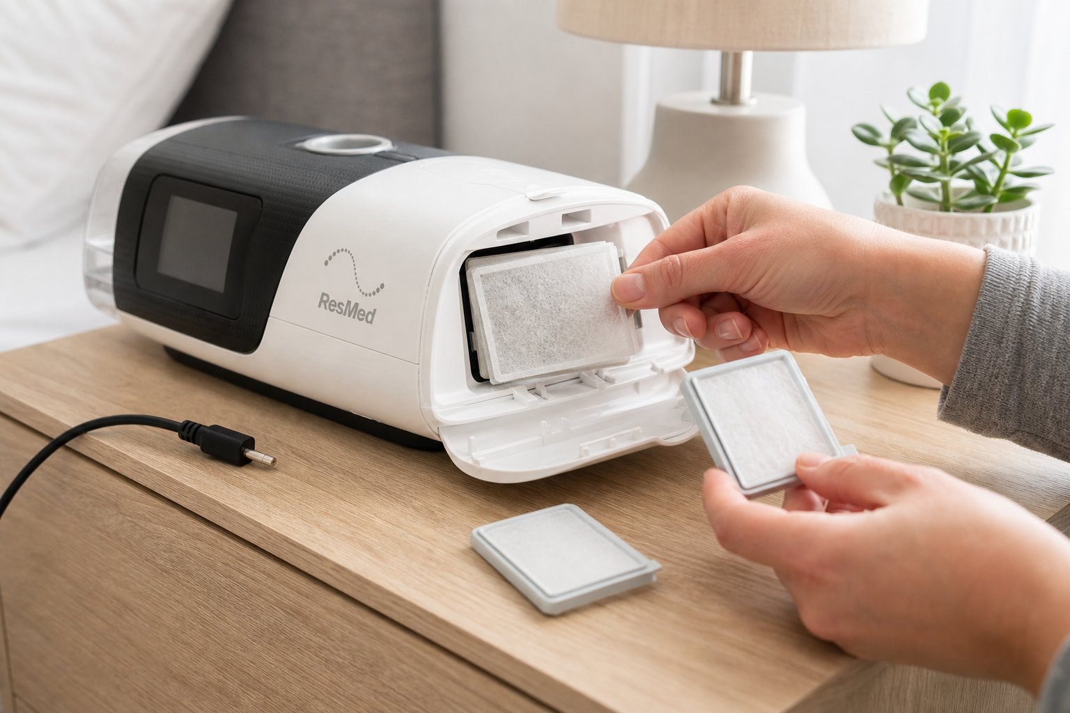 Hands safely replacing the air filter in a ResMed AirSense 11 CPAP machine.