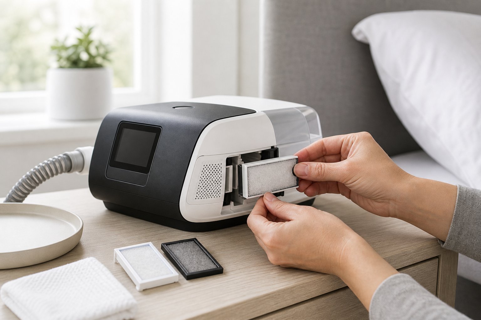 Hands inspect a replacement filter beside a ResMed AirSense 11 CPAP machine on a bedside table.
