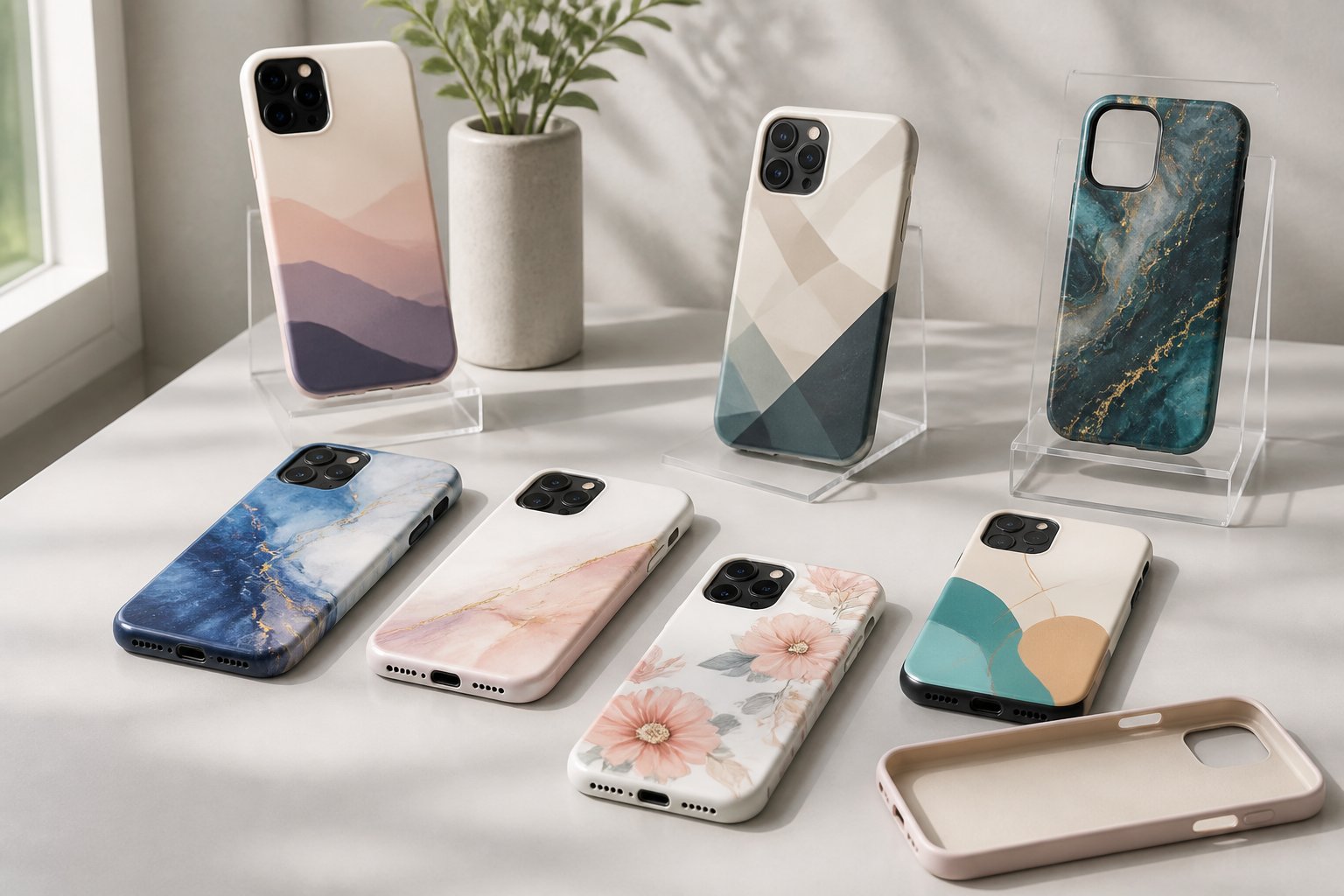 A selection of colorful custom phone cases displayed on a clean tabletop.